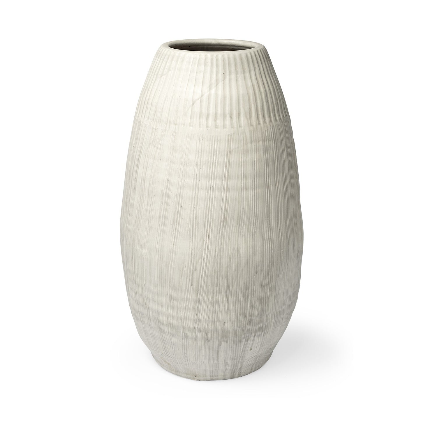 White Ceramic Floor Vase - Close-Up Detail of Embossed Stripe Pattern Creating Depth and Texture