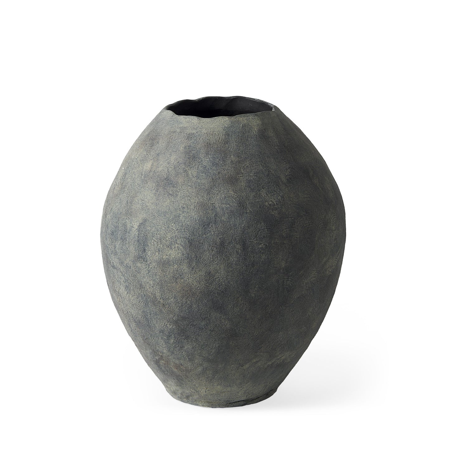 Side view of rounded oval gray vase showing matte finish and ruffled organically moving edges