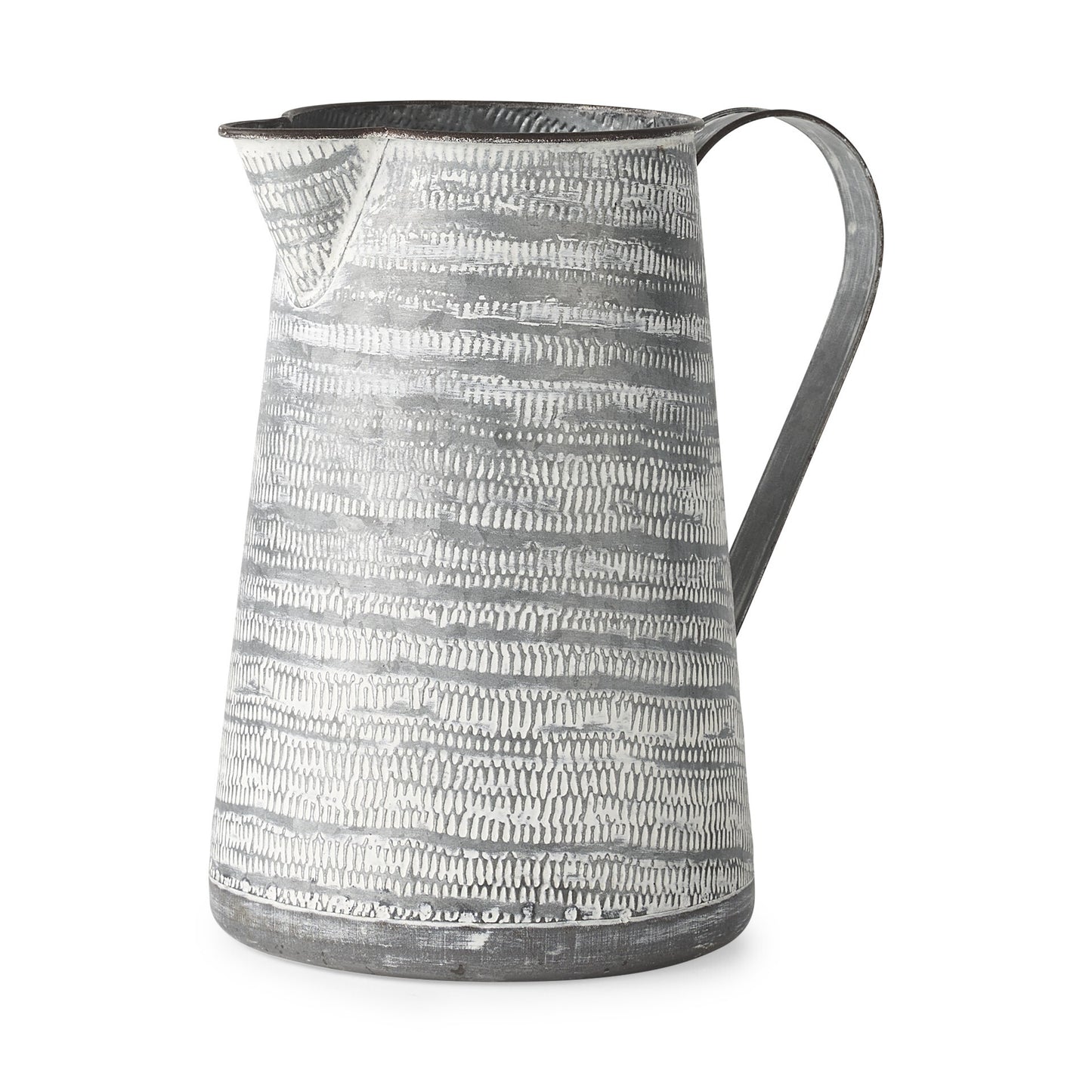 11 inch gray and white abstract metal jug vase with farmhouse style, rustic pitcher design for home decor