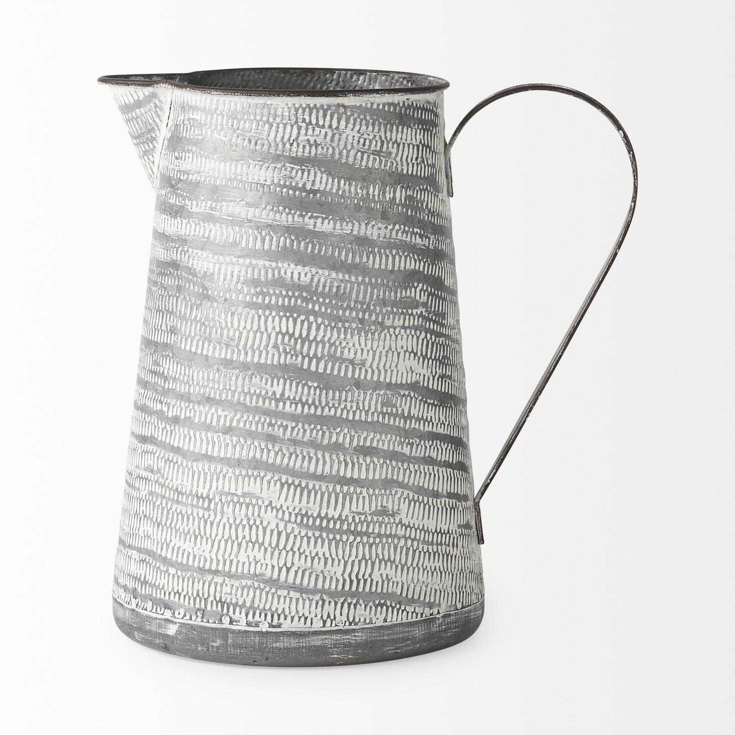Abstract metal pitcher vase in gray and white with rustic charm, 11 inch modern farmhouse decor