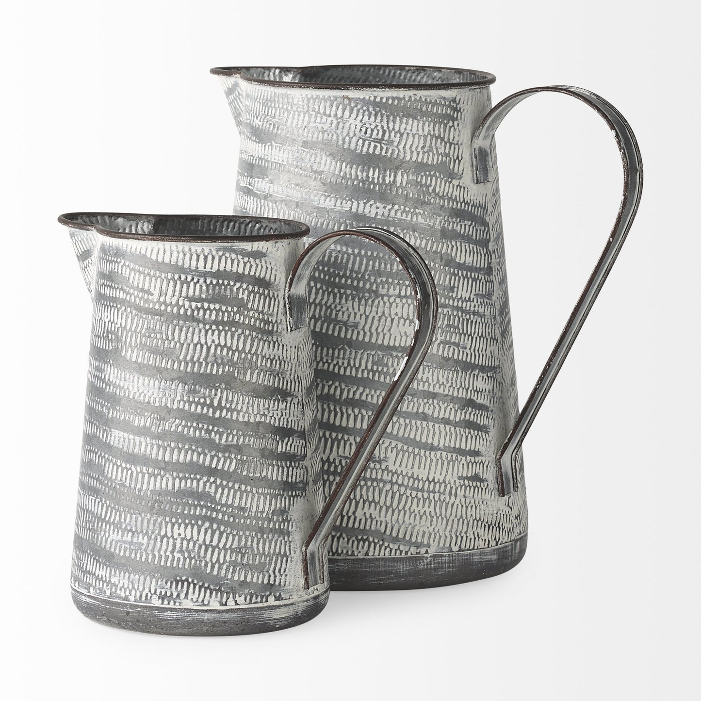 Rustic gray and white metal pitcher vase showing vintage distressed finish, 11 inch farmhouse accent