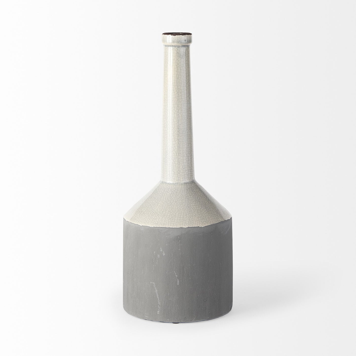 Farmhouse ceramic pitcher vase gray and off white side view displaying tall 16 inch height