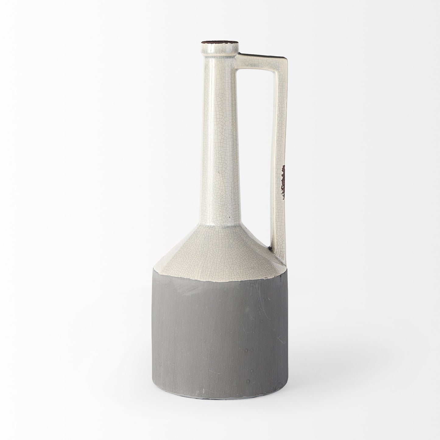 16 inch tall jug vase gray off white detail shot highlighting classic farmhouse handle and shape