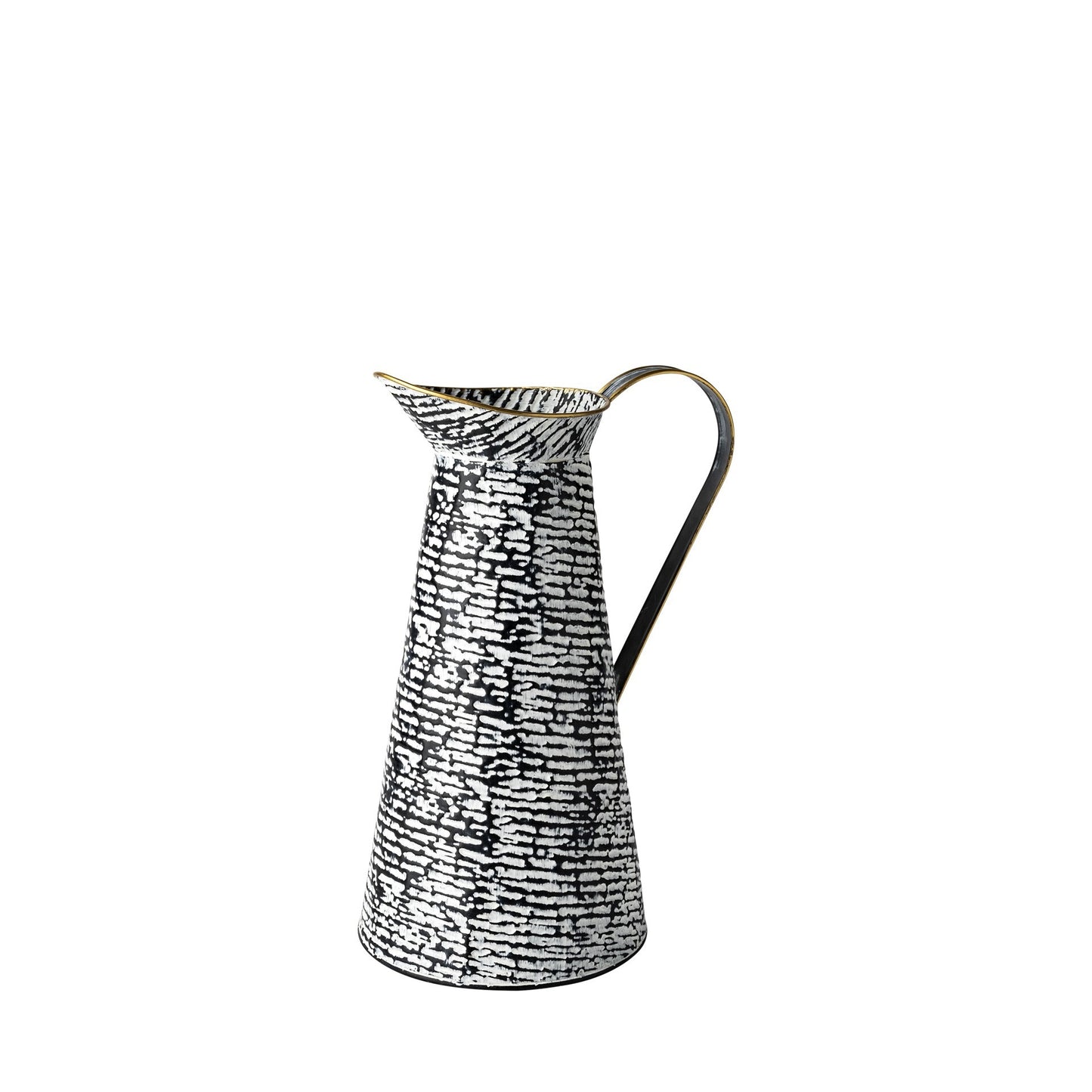 Black white metal jug vase showing textured finish and gold lacquer lining on curved spout