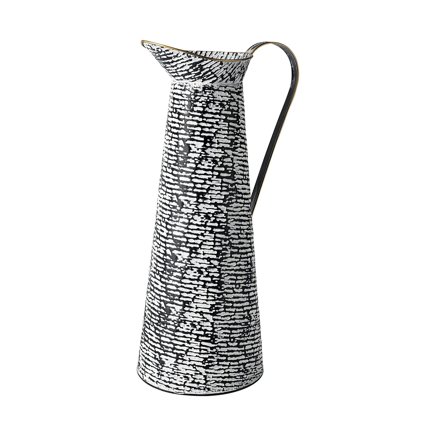 Black white textured metal vase side view showing gold lacquer trim on curved spout and handle