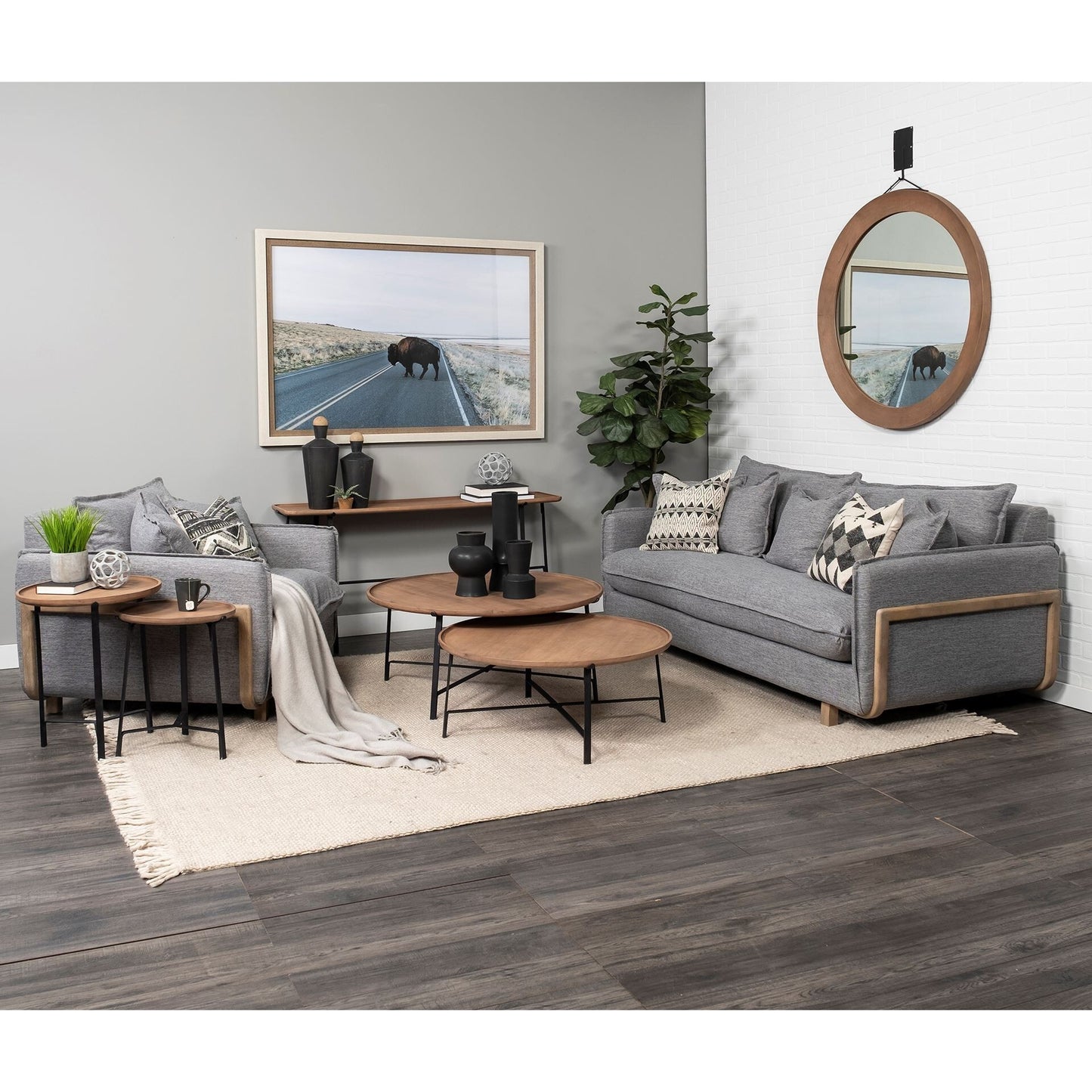 Modern black and brown metal urns with removable wood ball tops for console tables and shelves