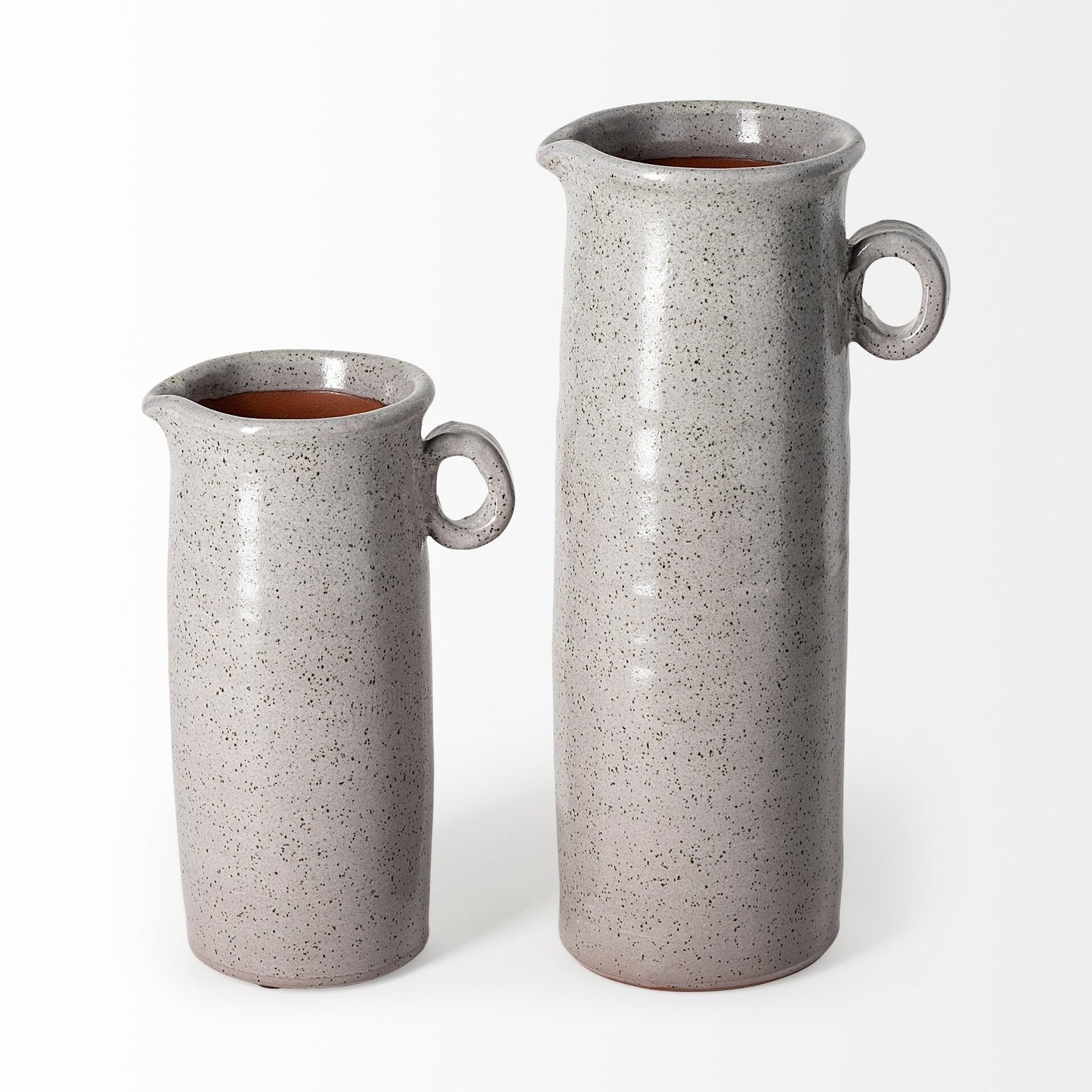 Close-up of gray and black speckled ceramic finish on modern farmhouse style decorative jug vase