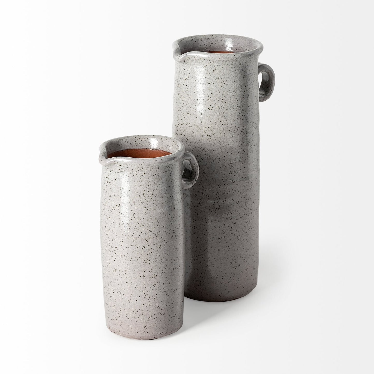 Top view of ceramic jug vase showing curved edges, small spout opening and terra cotta interior color