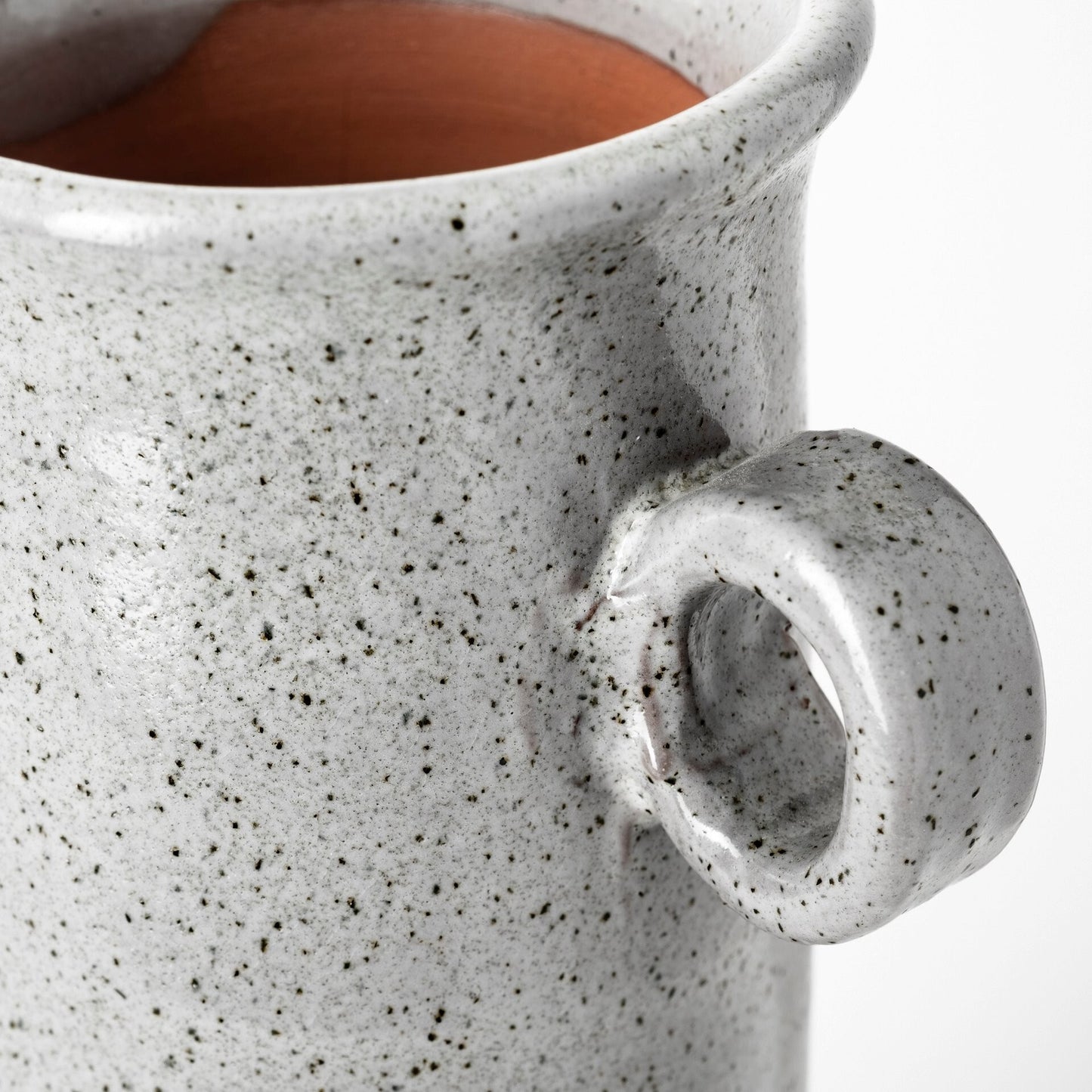 Artisan ceramic jug vase with organic shape and neutral gray speckled finish for versatile styling