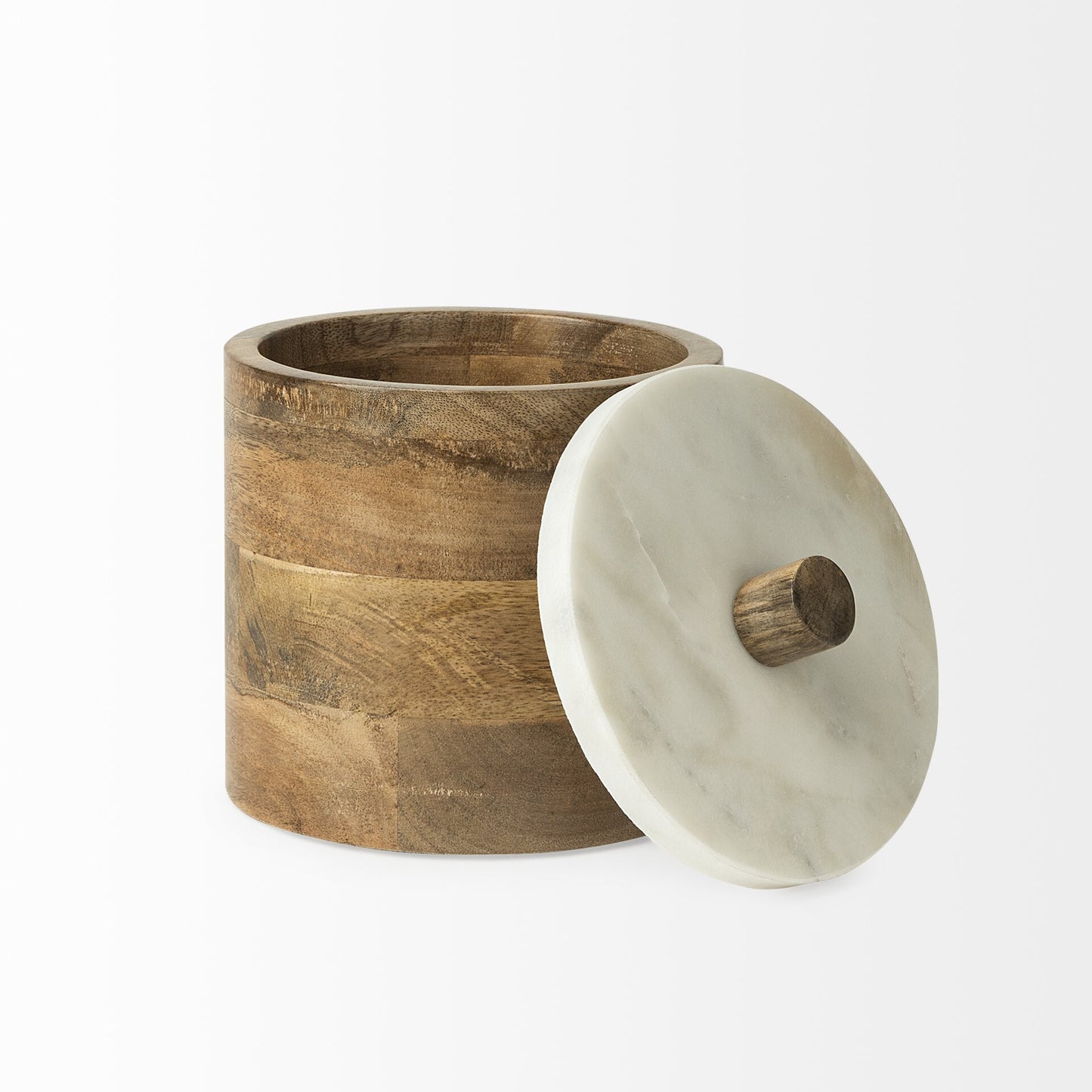 Rustic round wooden box with white lid close-up displaying farmhouse style and compact 5.9 inch diameter