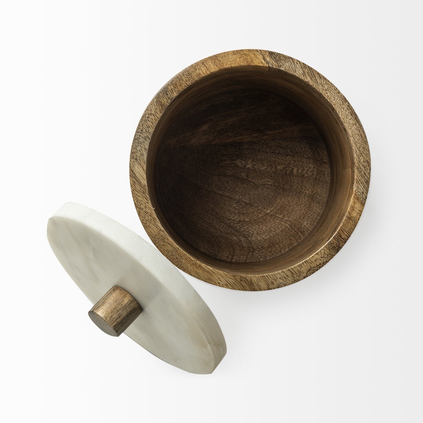 Petite wooden storage box top view showing white round lid with brown wooden handle detail