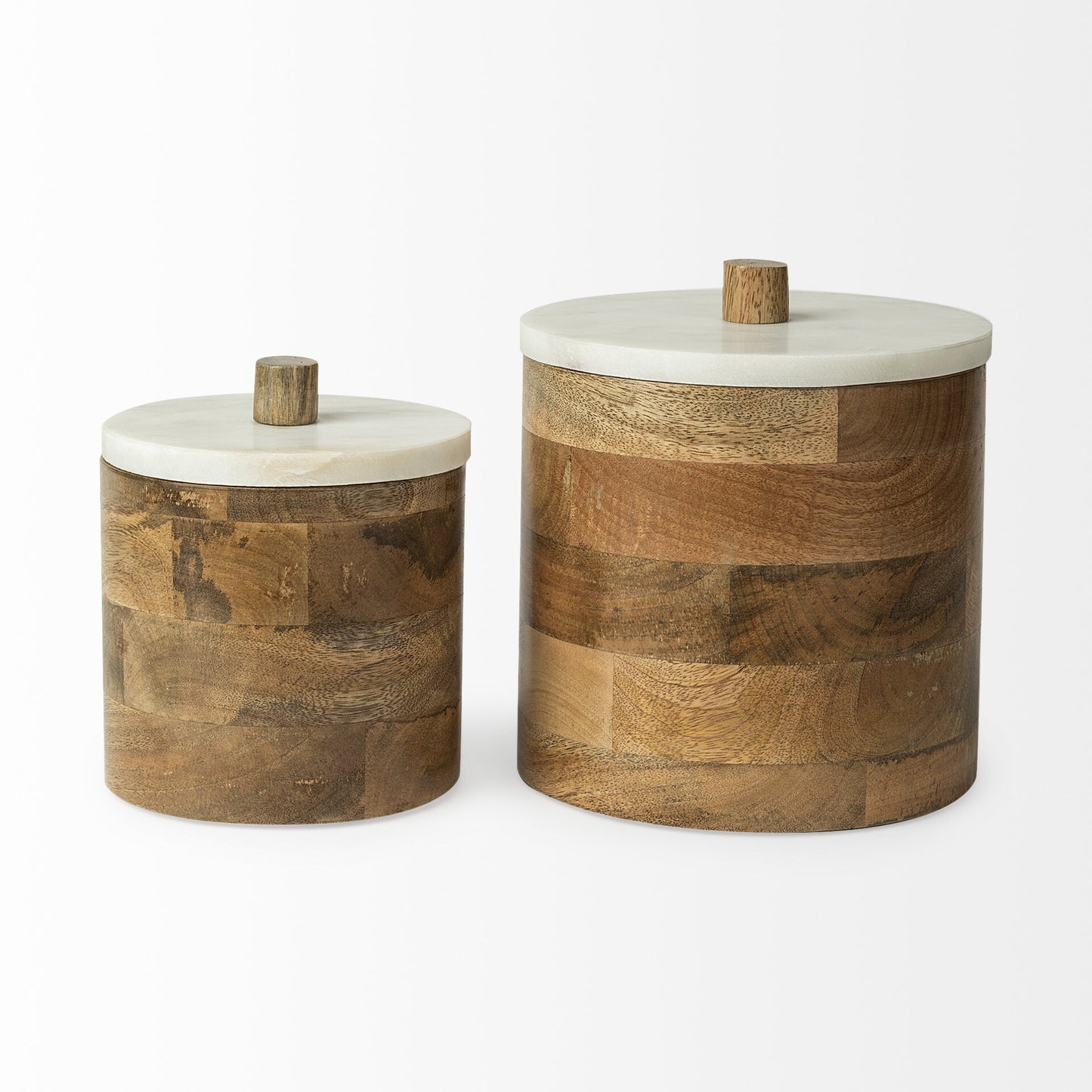 Brown wooden cylindrical box side angle showing stacked wood pattern and natural finish