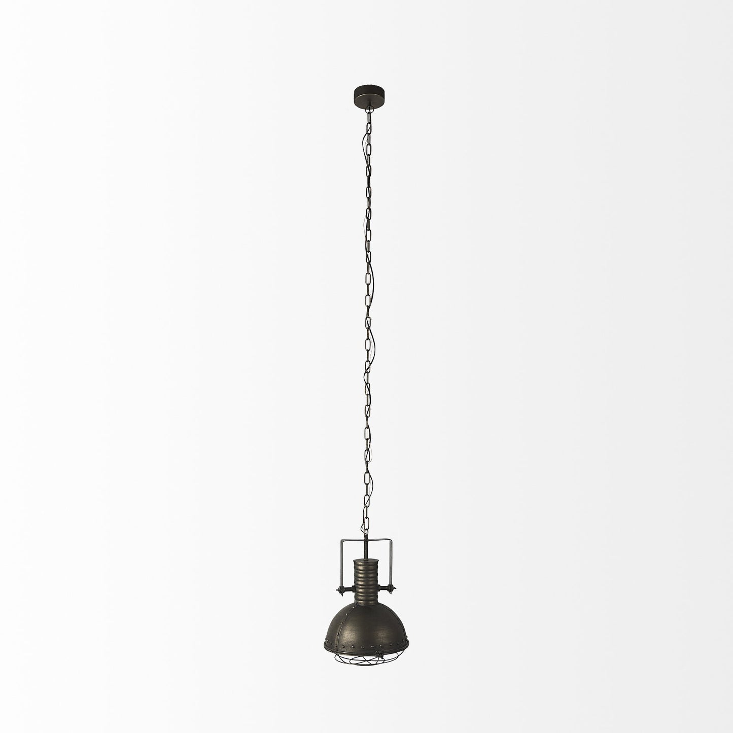 Bottom view of industrial hanging light showing cage design and bulb socket