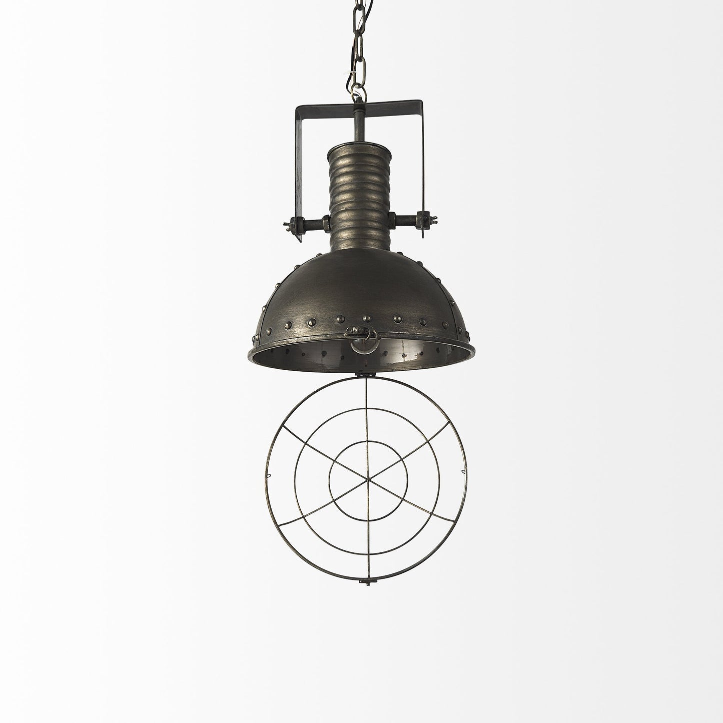 Multiple black metal caged pendant lights creating industrial lighting design