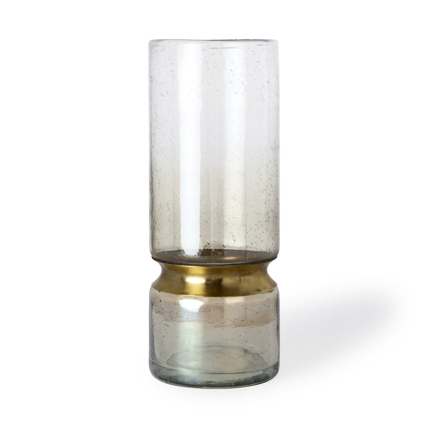 Side view of smoked glass vase showing gold metal accent and unique jar base with cylindrical top