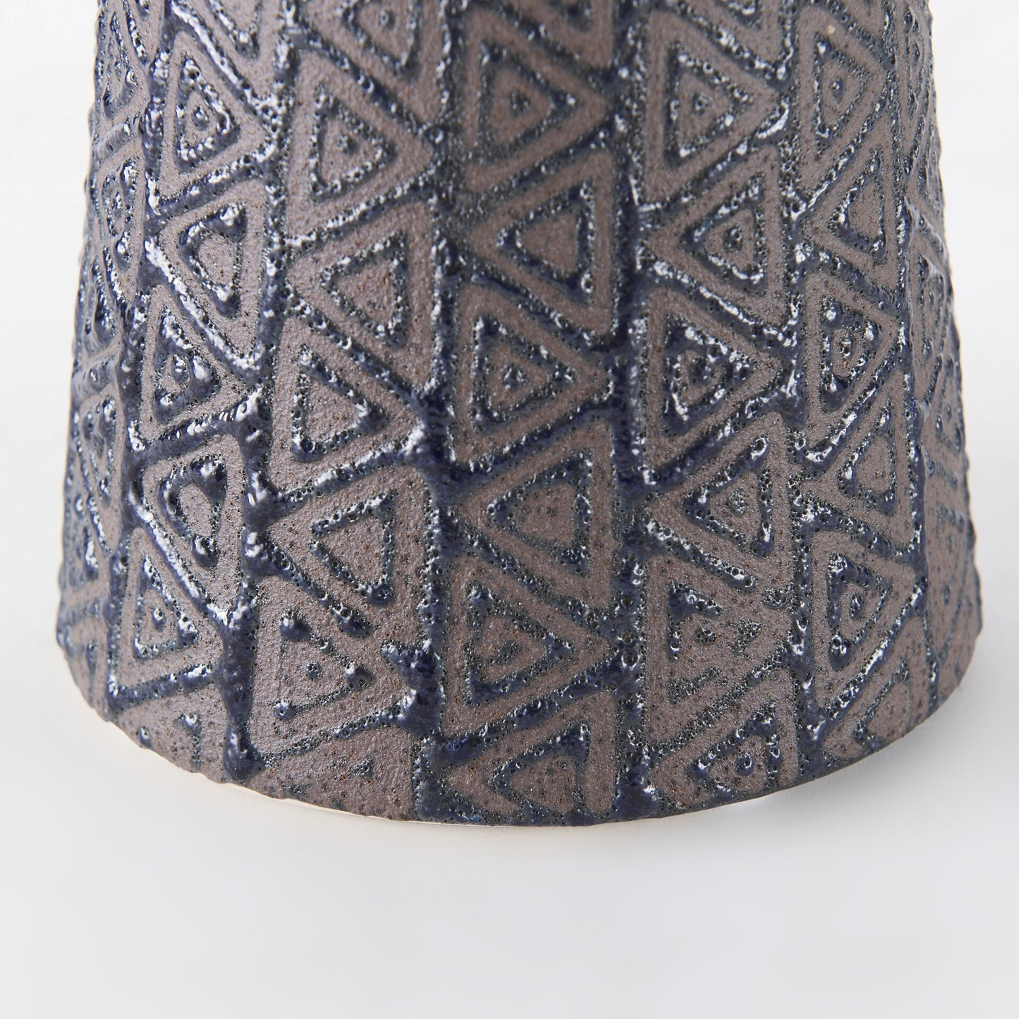 6 inch brown blue tribal ceramic vase full product view, geometric triangle pattern for bohemian eclectic home decoration
