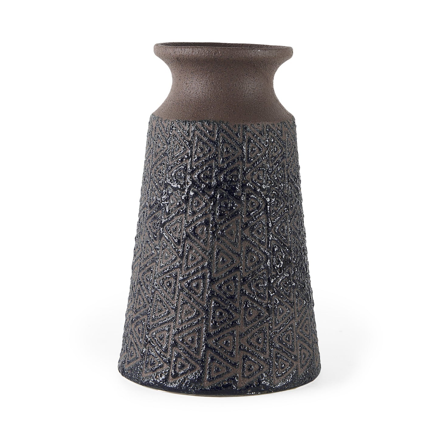 Close-up view of brown glazed ceramic vase showing detailed black tribal triangle embossed pattern and textured finish