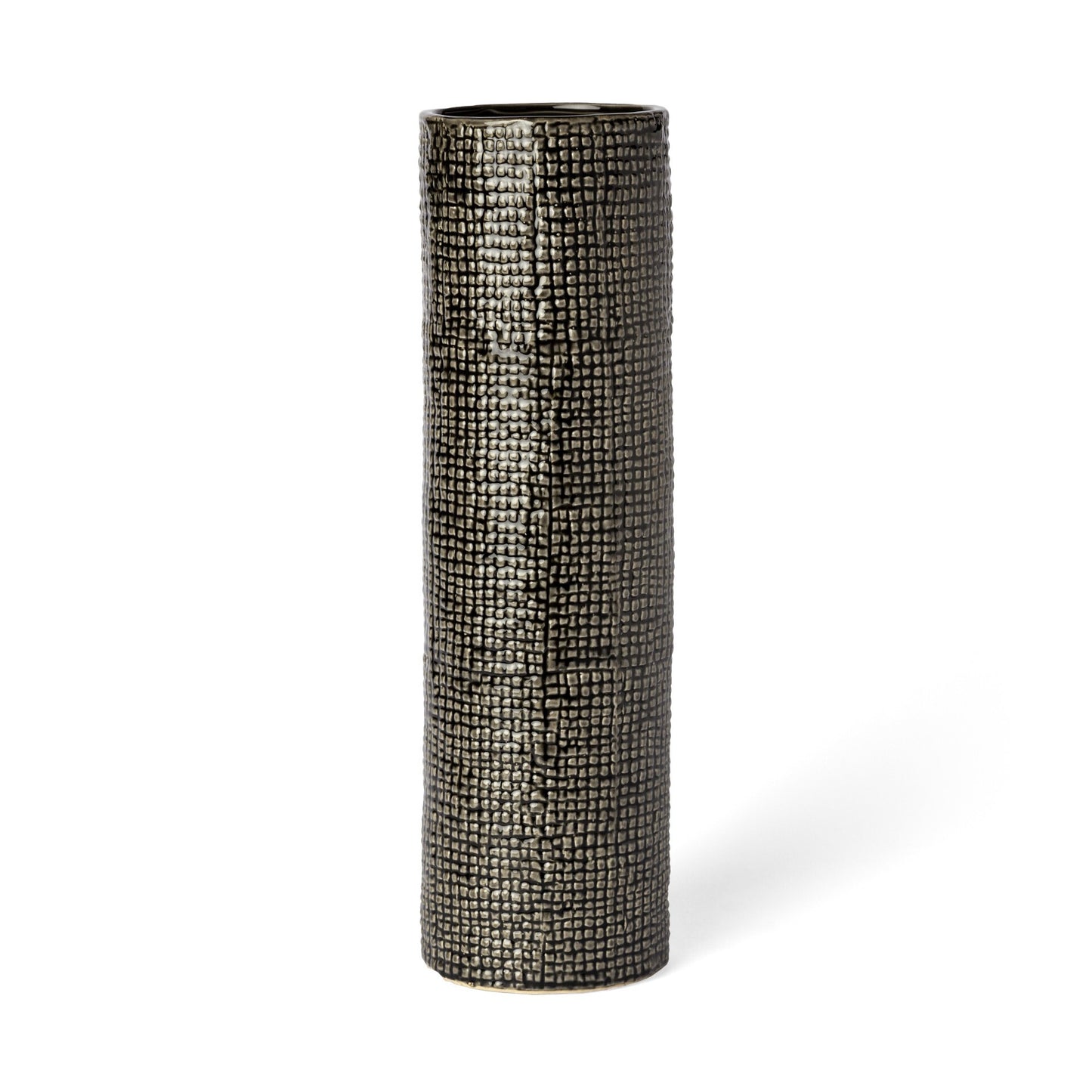 Side view of contemporary ceramic vase showing luxurious gold and black check design pattern