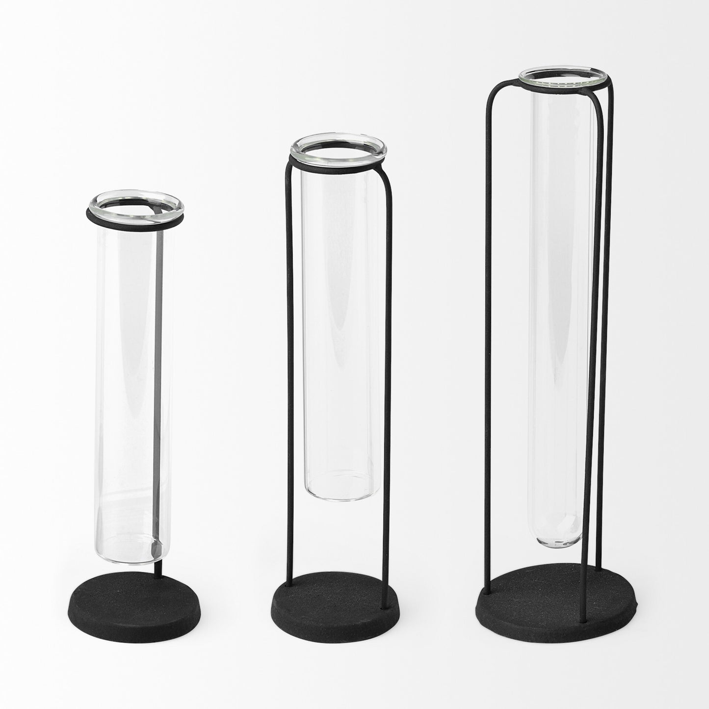 Side view of 3 test tube vases with stand, perfect for single stems and plant propagation