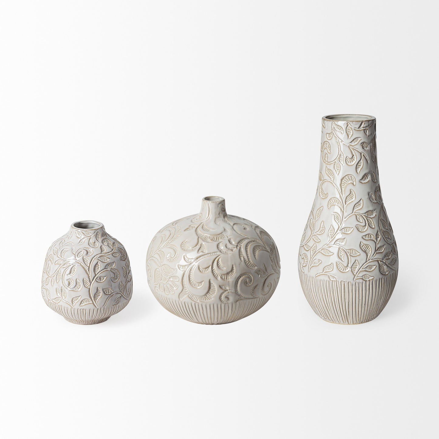 Side view of 8-inch white ceramic vase with elegant carved detailing and smooth glaze finish