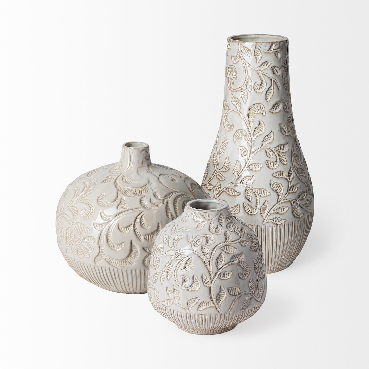 Carved white ceramic vase detail showing premium quality and dimensional textured pattern
