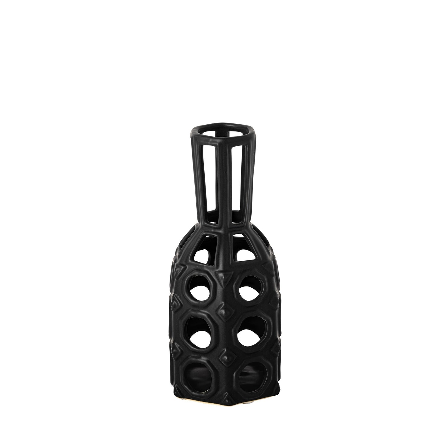 9 inch black pierced pattern ceramic vase with circular cutouts and semi-matte finish