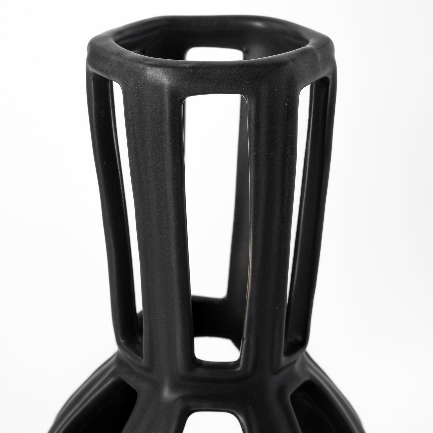 Top view of 9 inch black vase showing thin wire bottle neck design