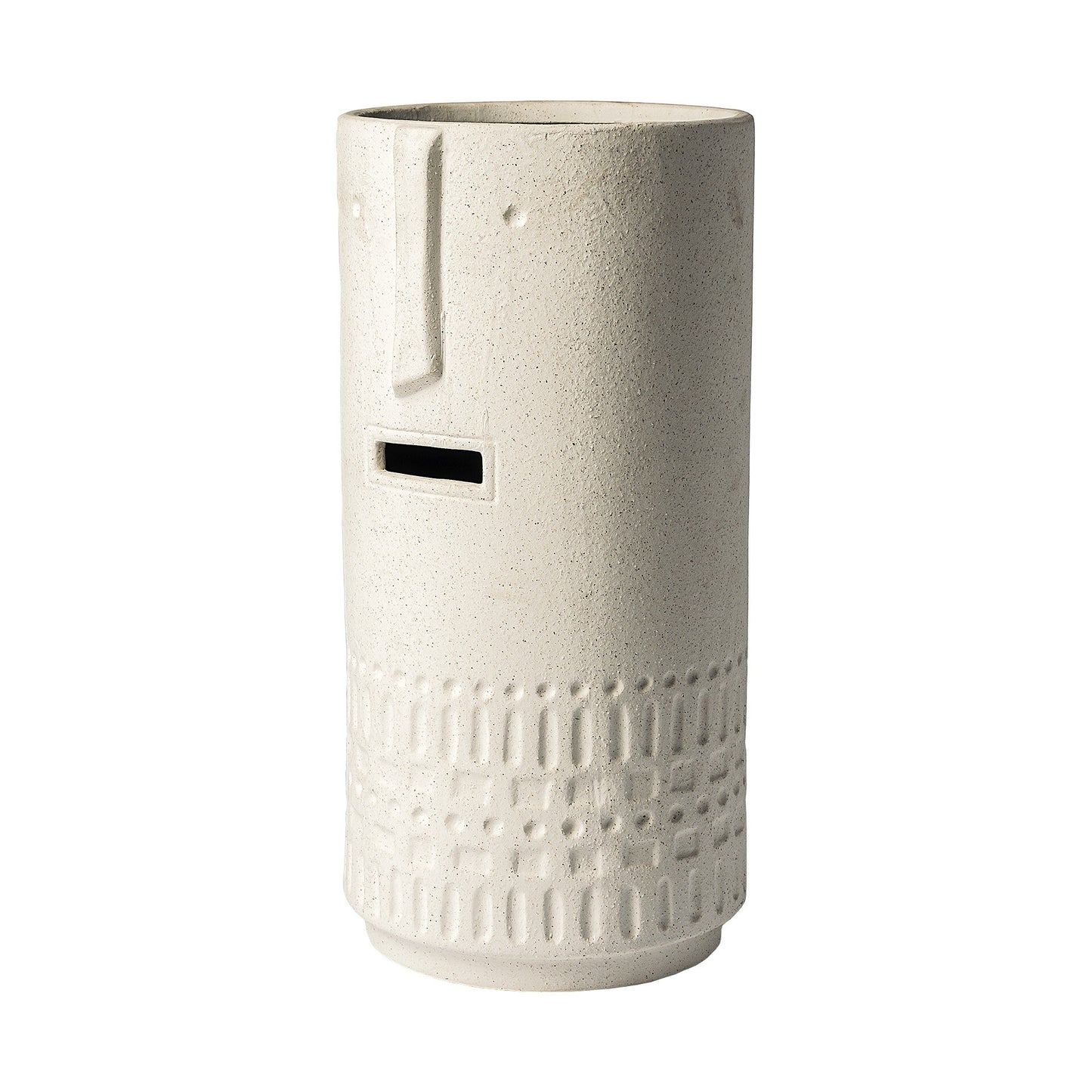 Side view of whimsical tribal vase showing textured beige finish and carved pattern details