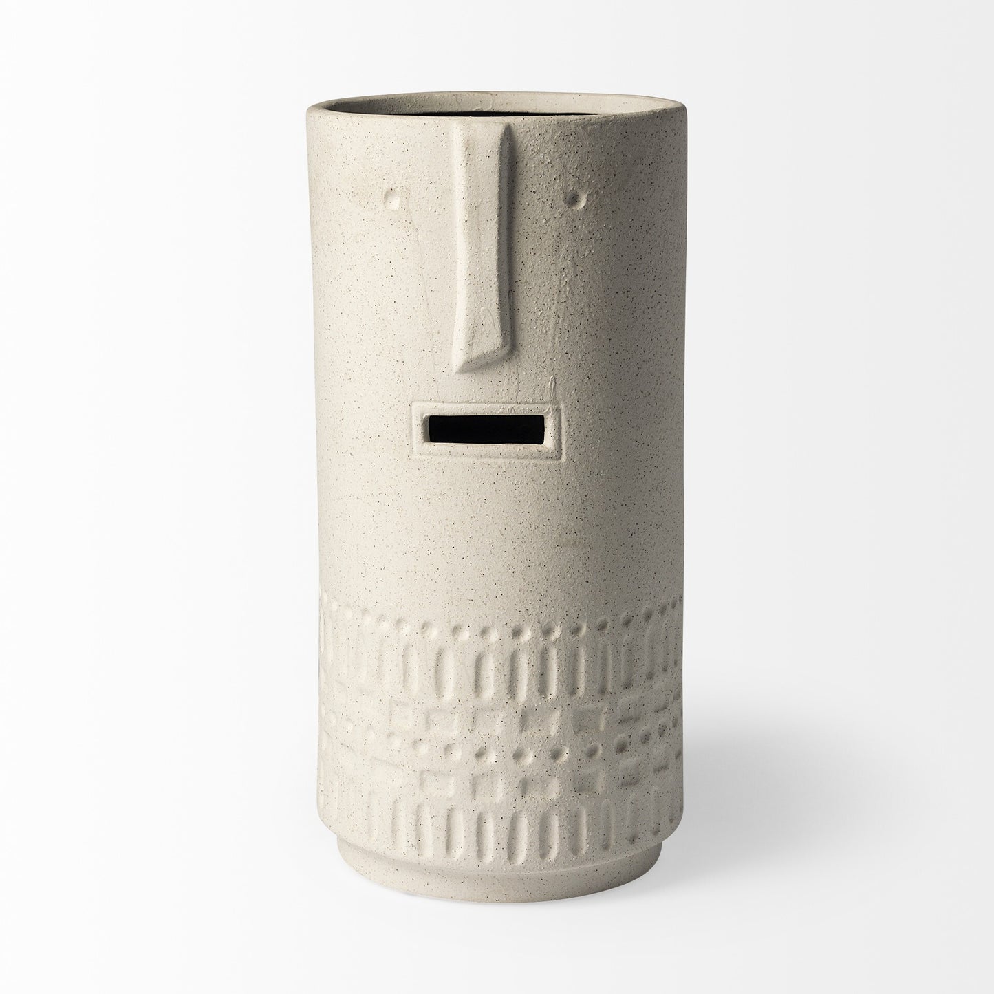 Close-up of smiling happy face design on bohemian ceramic vase with organic texture
