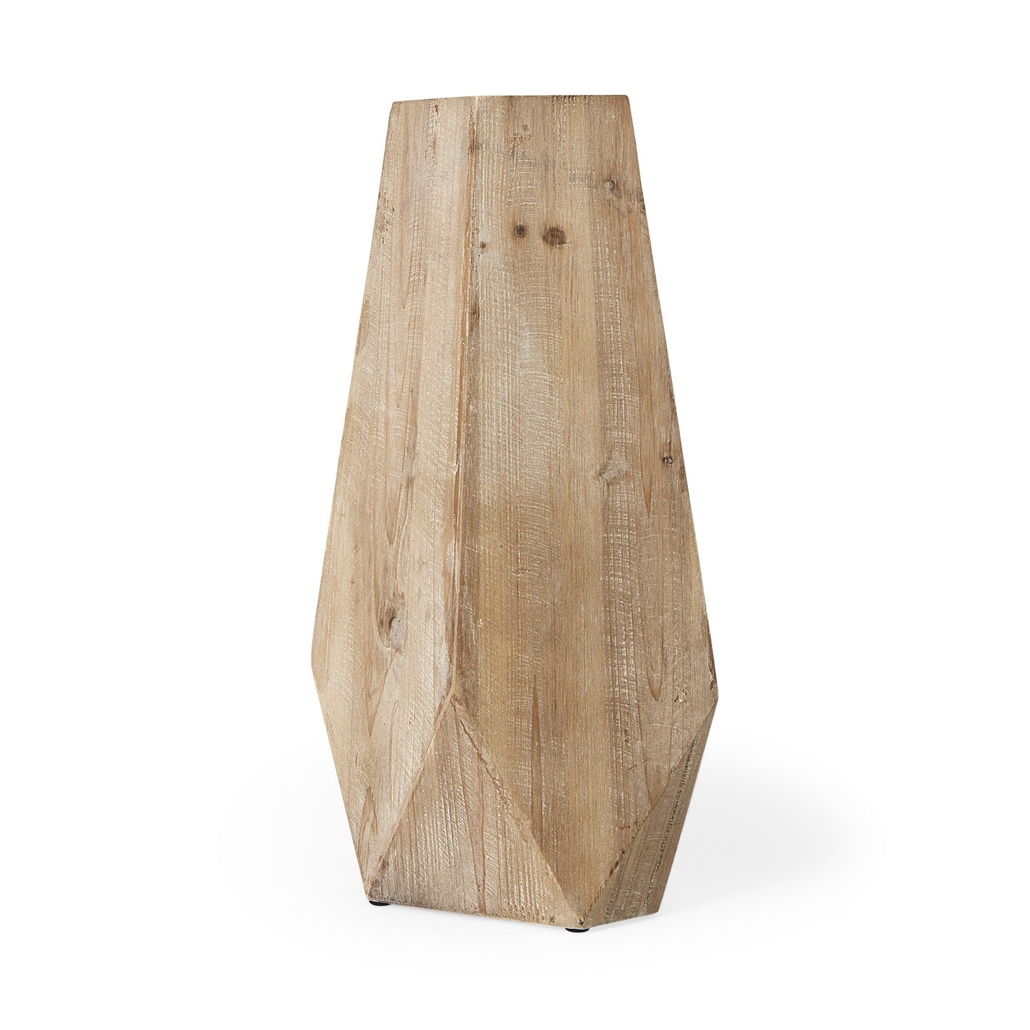 Close-up of faceted geometric design on natural wood vase showing unique angular cuts and organic wood grain texture