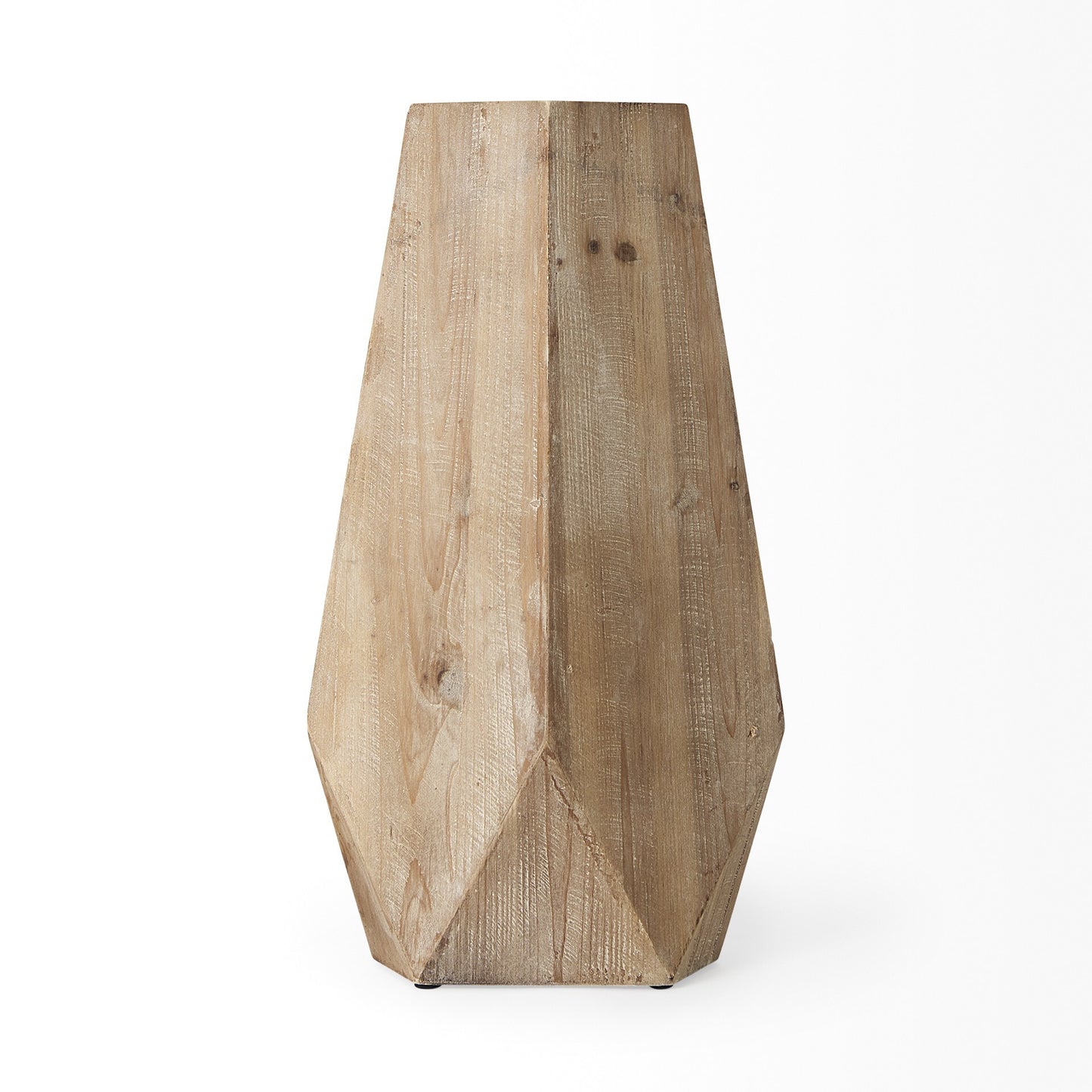Side view of 19 inch tall solid wood cylinder vase showing modern geometric faceted design perfect for tables and shelves