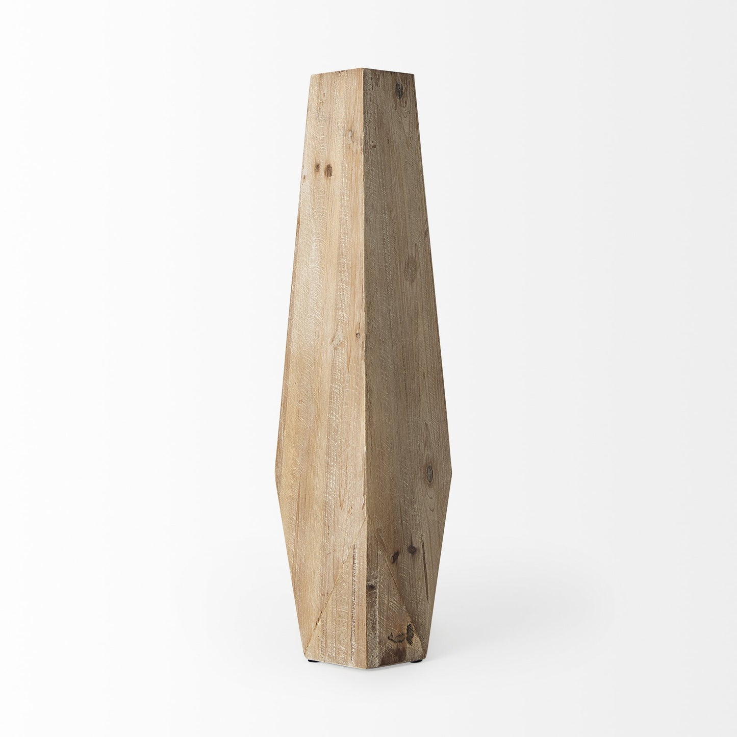Detail of natural wood grain and faceted cuts on geometric vase showing premium solid wood construction for organic decor