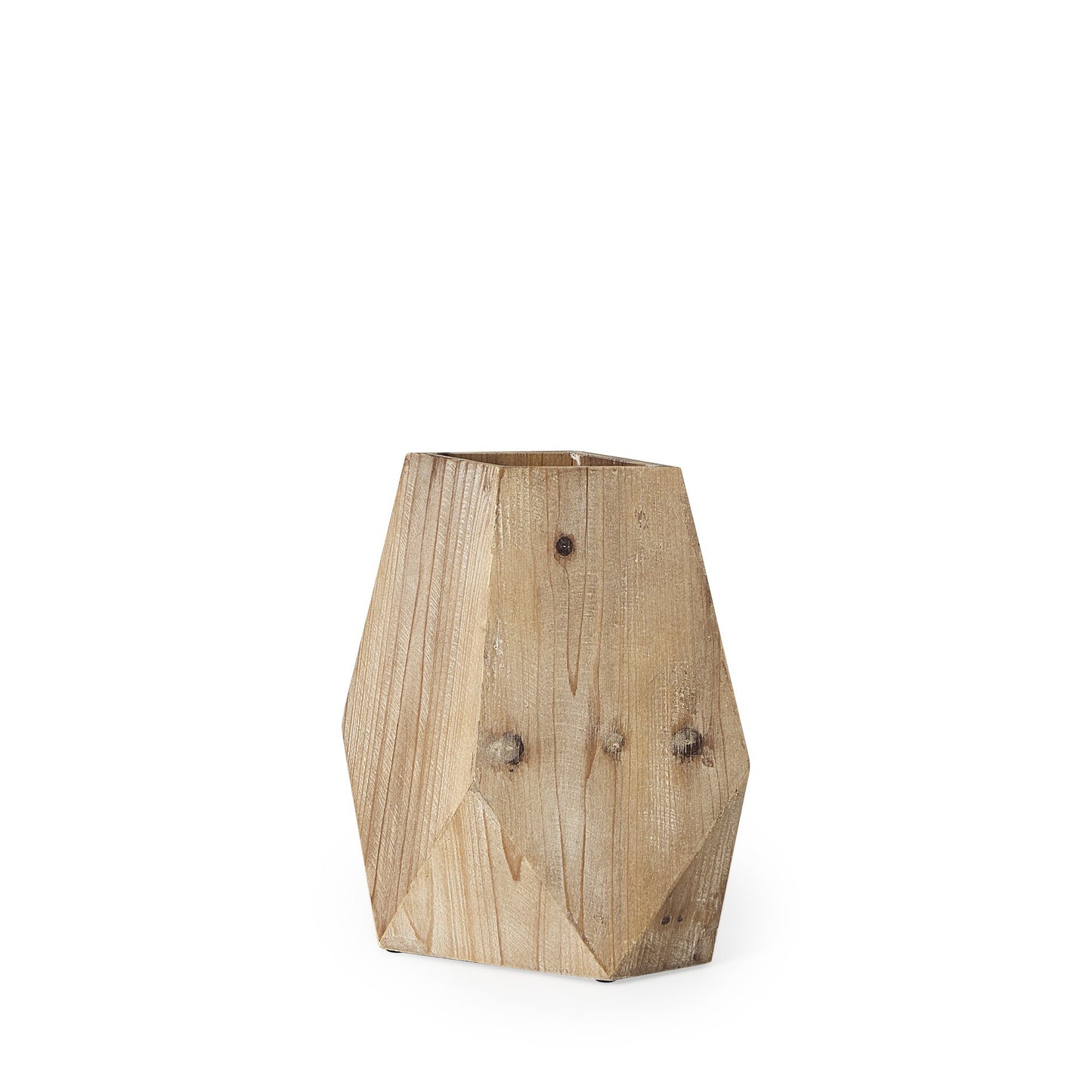 Front view of geometric wooden vase displaying angular design and natural wood finish with visible grain patterns, ideal for contemporary or rustic interiors