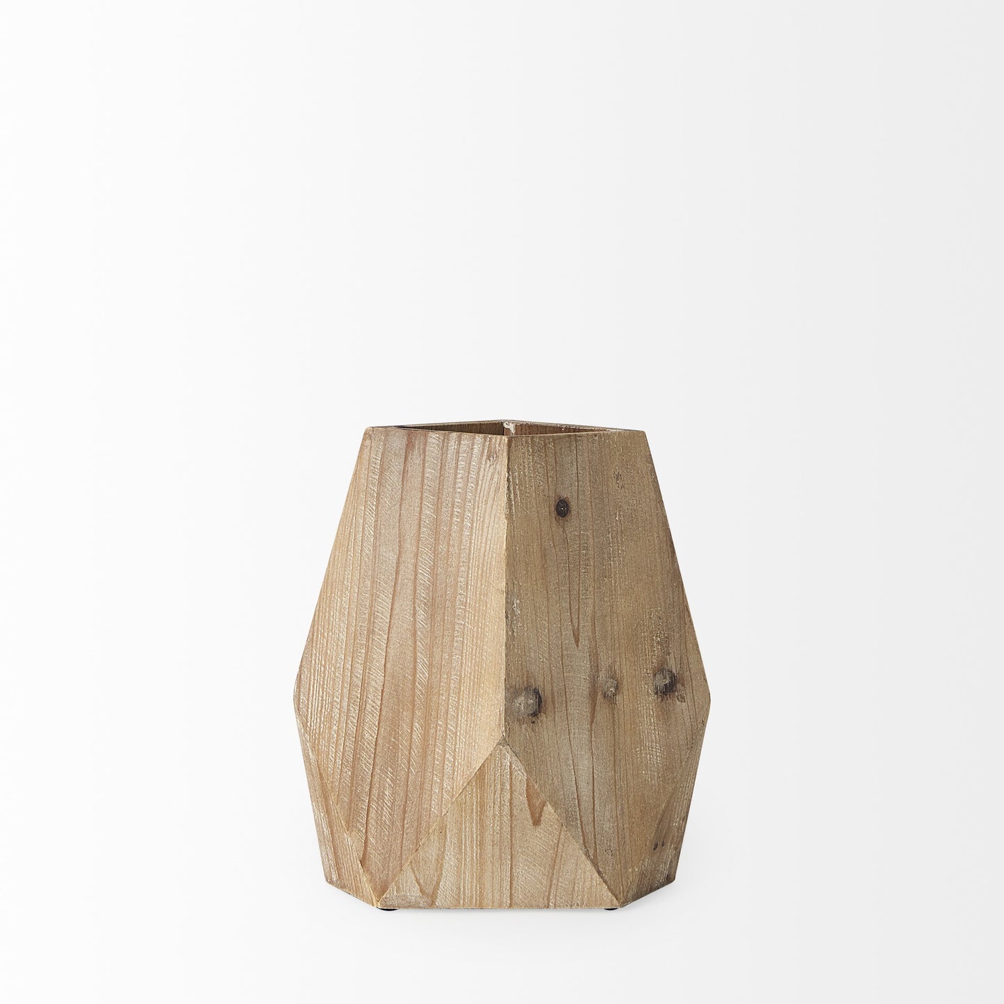 Side angle of solid wood vase showing unique geometric shape and natural stain that highlights organic wood character and texture