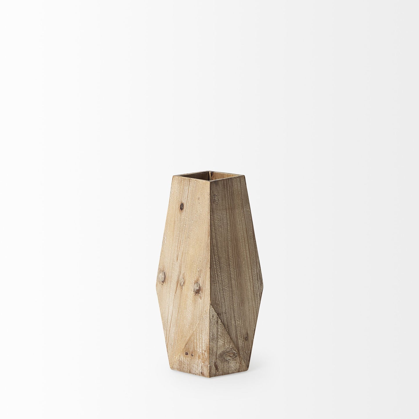 Close-up detail of natural wood vase revealing beautiful grain patterns, knots, and authentic wood characteristics enhanced by transparent finish
