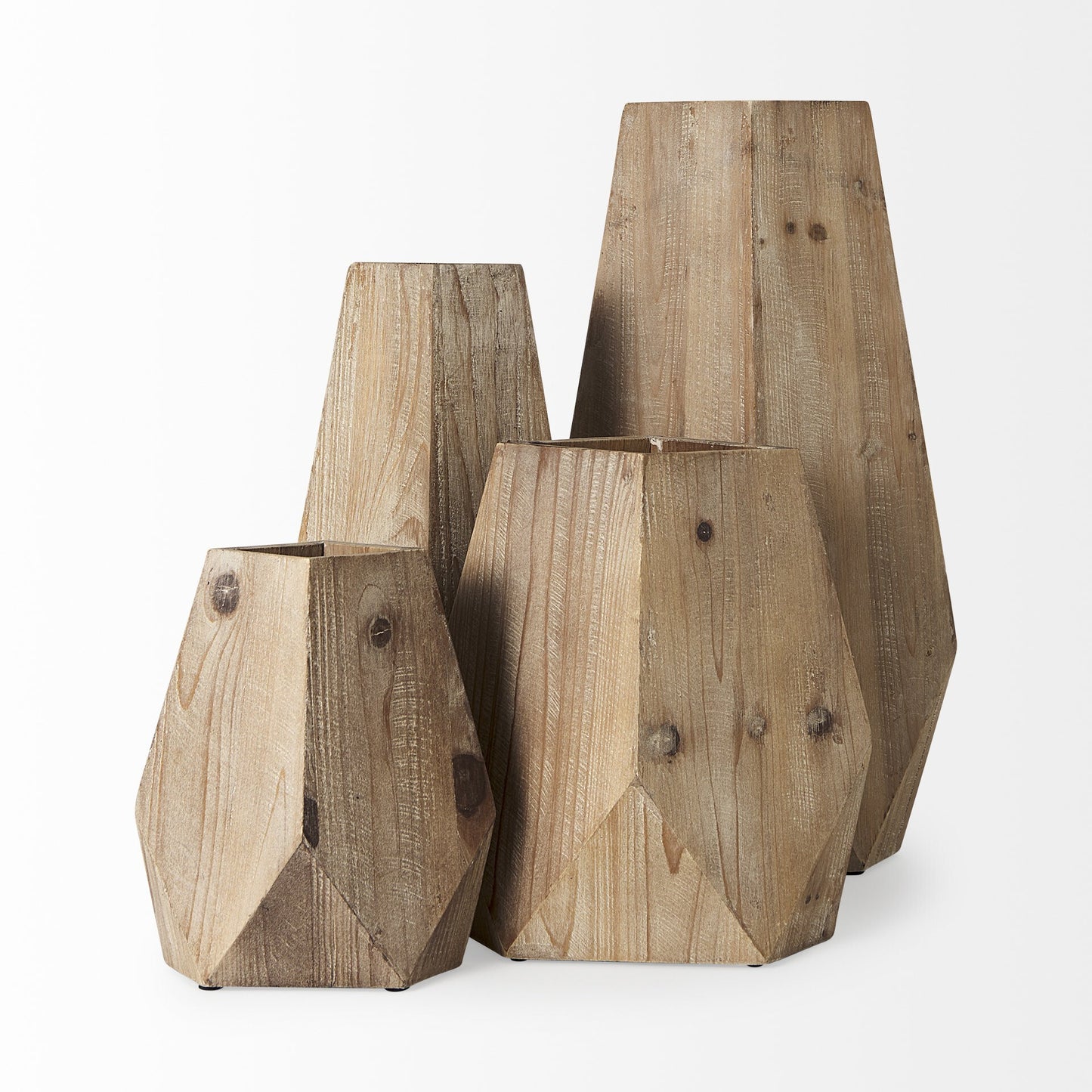 Full profile of solid wood vase displaying complete geometric design and natural finish, versatile decorative accent for any room