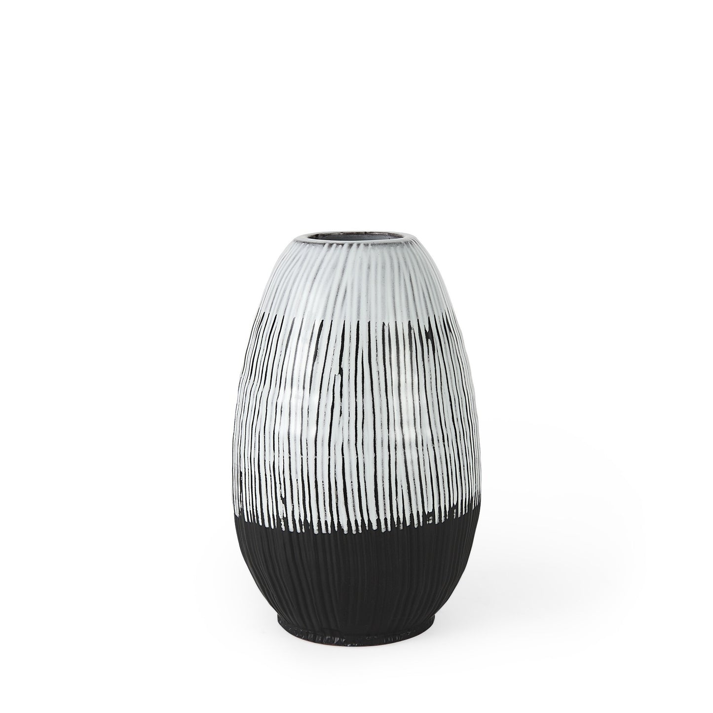 13 inch black white gray striped ceramic vase with textured pattern and unique pod shape for contemporary home decor