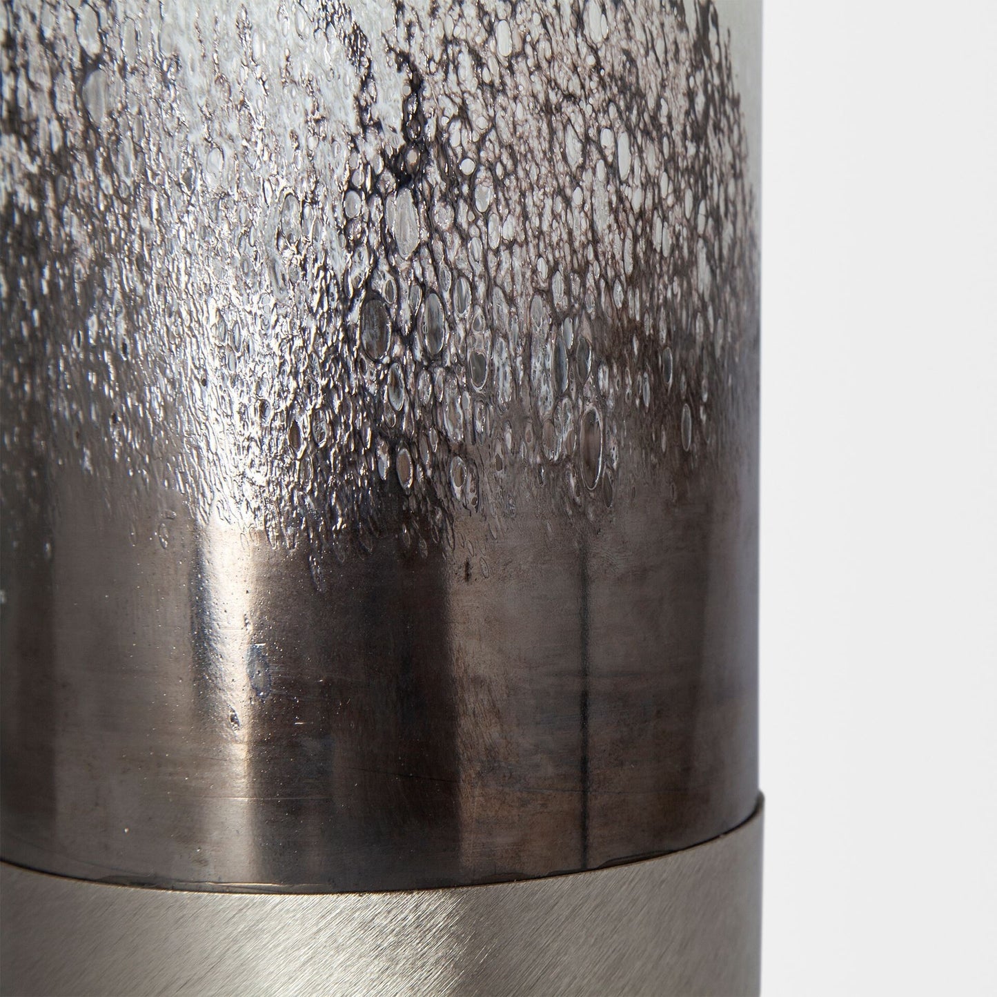 13 inch metallic glass vase brushed silver detail shot highlighting luxurious finish and texture