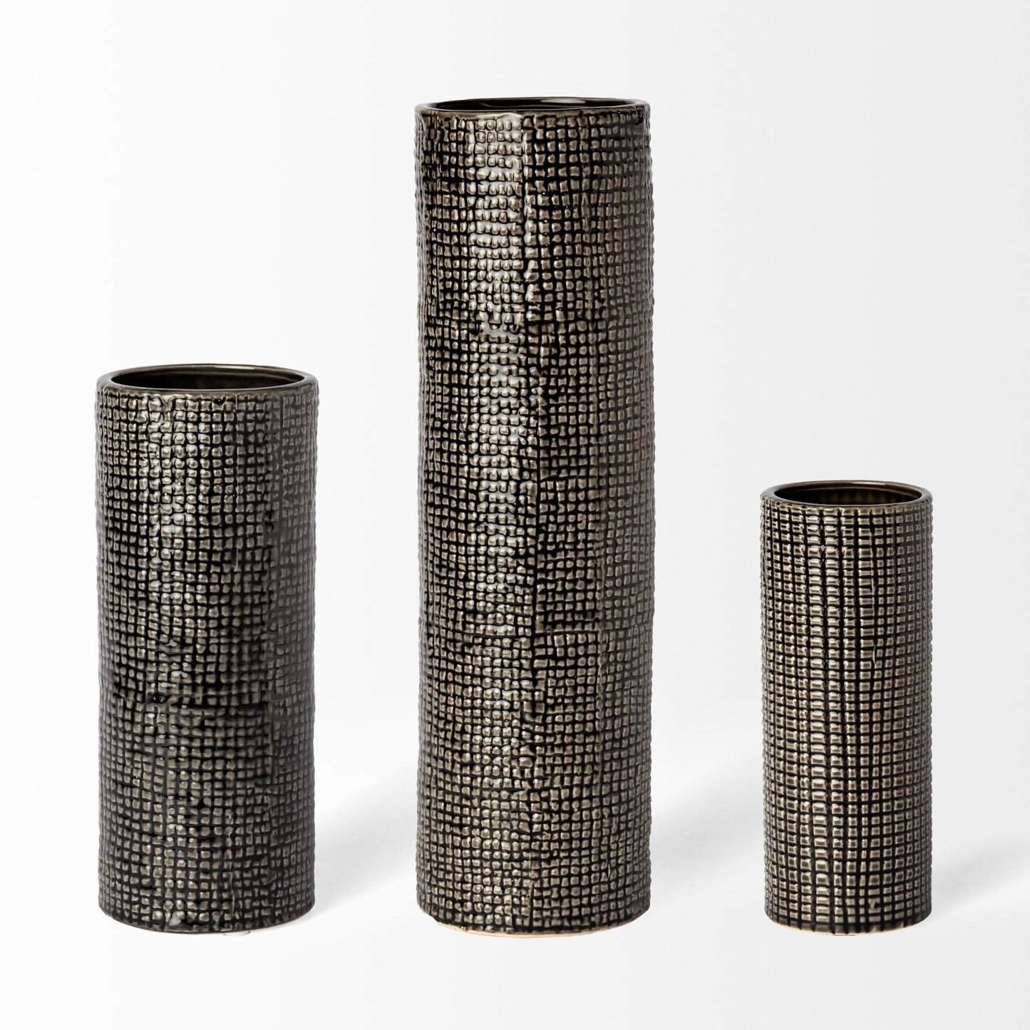 Modern glam black and gold check vase showing geometric pattern, 10 inch ceramic centerpiece