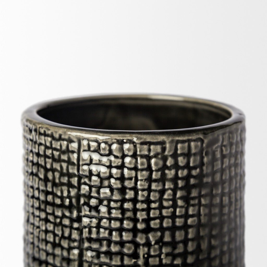 Elegant checkered ceramic vase in black and gold, 10 inch tall statement piece for luxury home decor