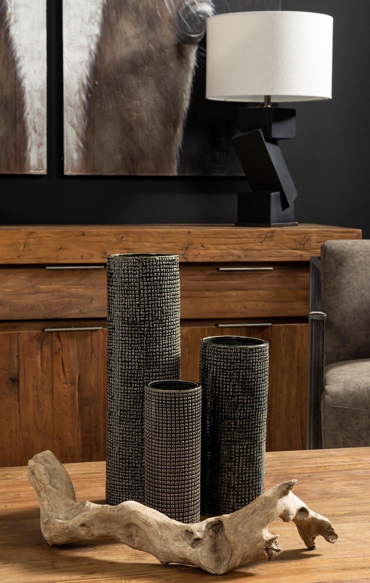 Tall ceramic vase with bold black and gold checkered design, 10 inch modern elegant home accent