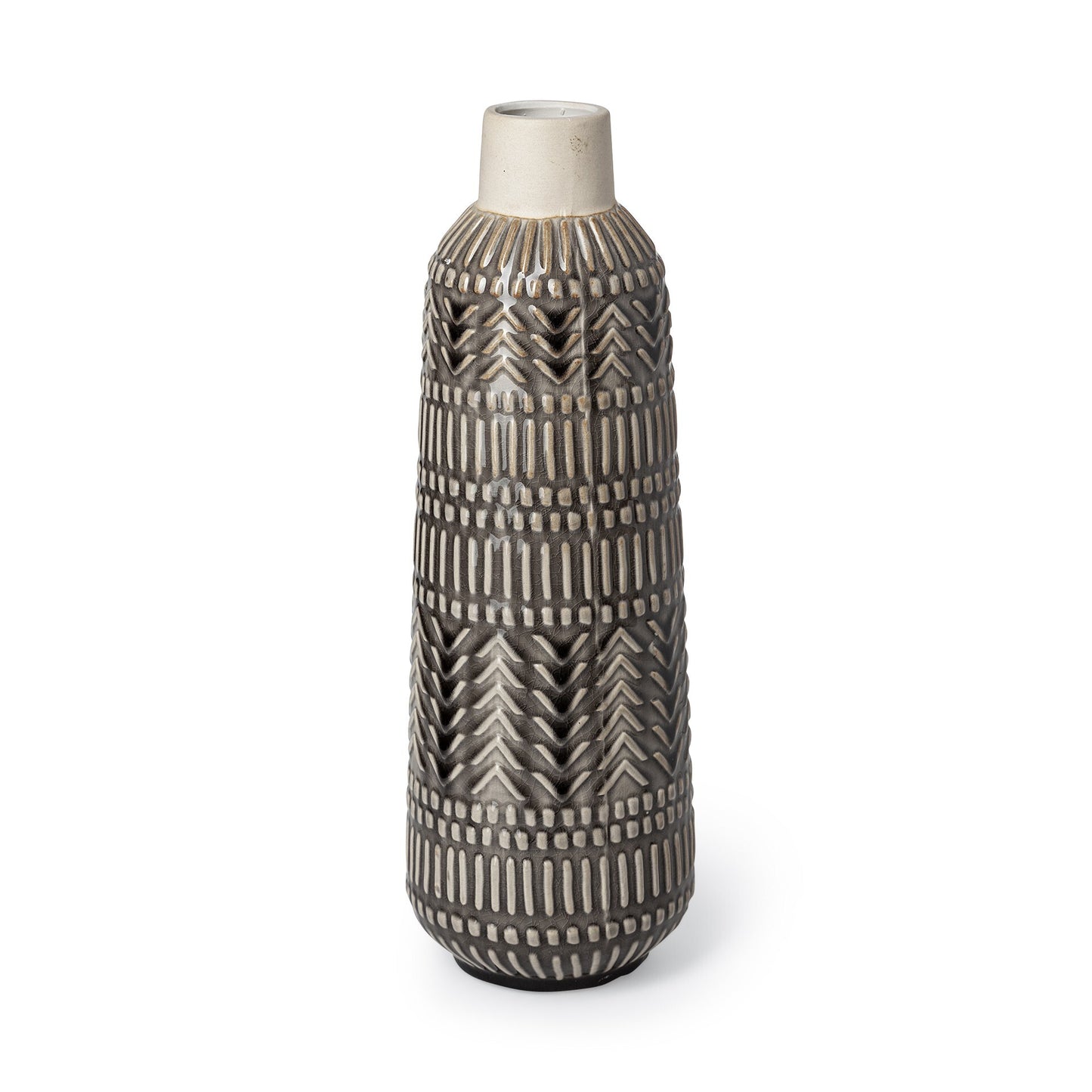 14 inch black and cream organic glaze chevron embossed ceramic vase modern two-tone textured vase