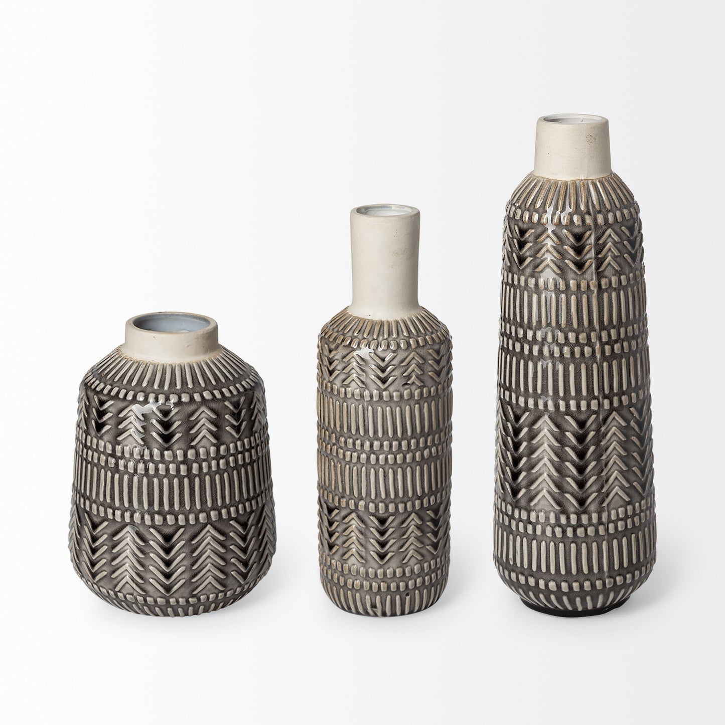 Modern ceramic vase black and cream side view displaying contemporary chevron design