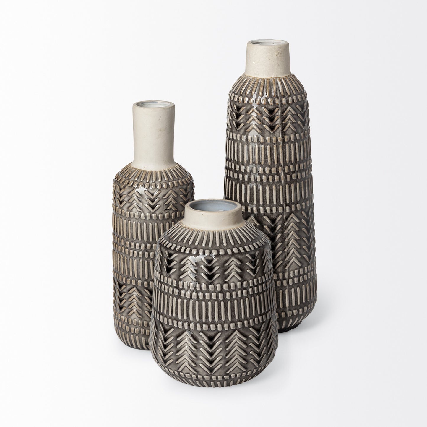 14 inch embossed vase black cream detail shot highlighting textured chevron pattern and quality