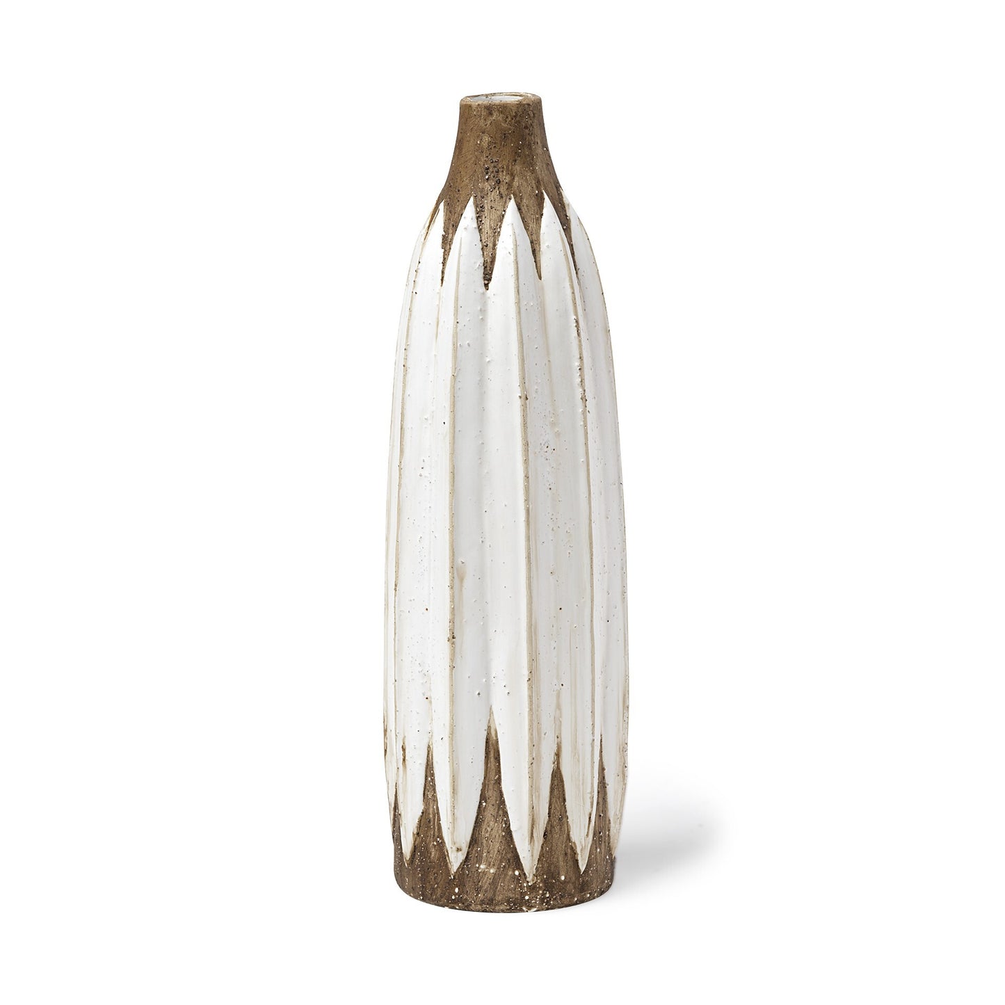 Close-up of 3D textured oval points on rustic ceramic vase, dimensional raised pattern with vintage white and brown finish