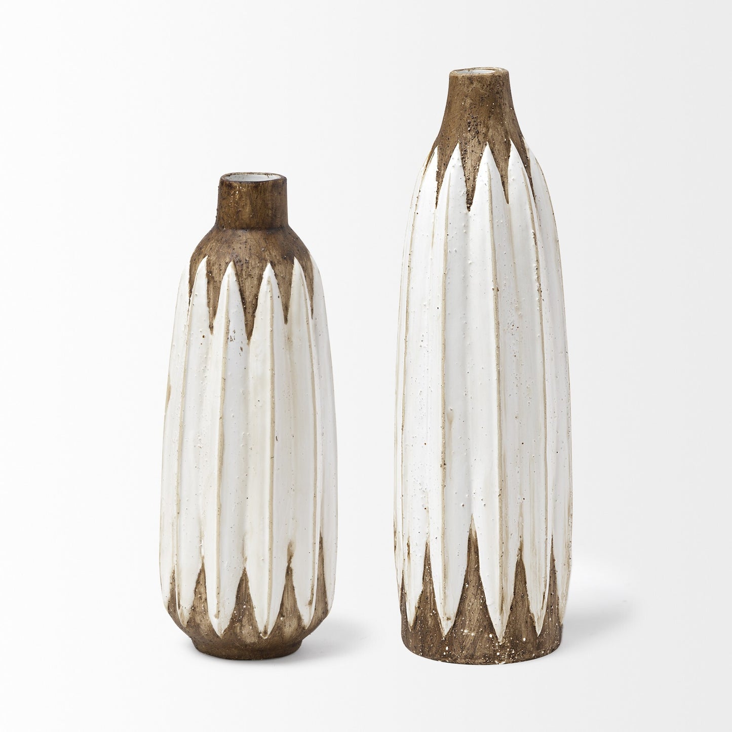 Side view of farmhouse ceramic vase showing two-tone distressed brown flowing into white finish, artisan pottery design