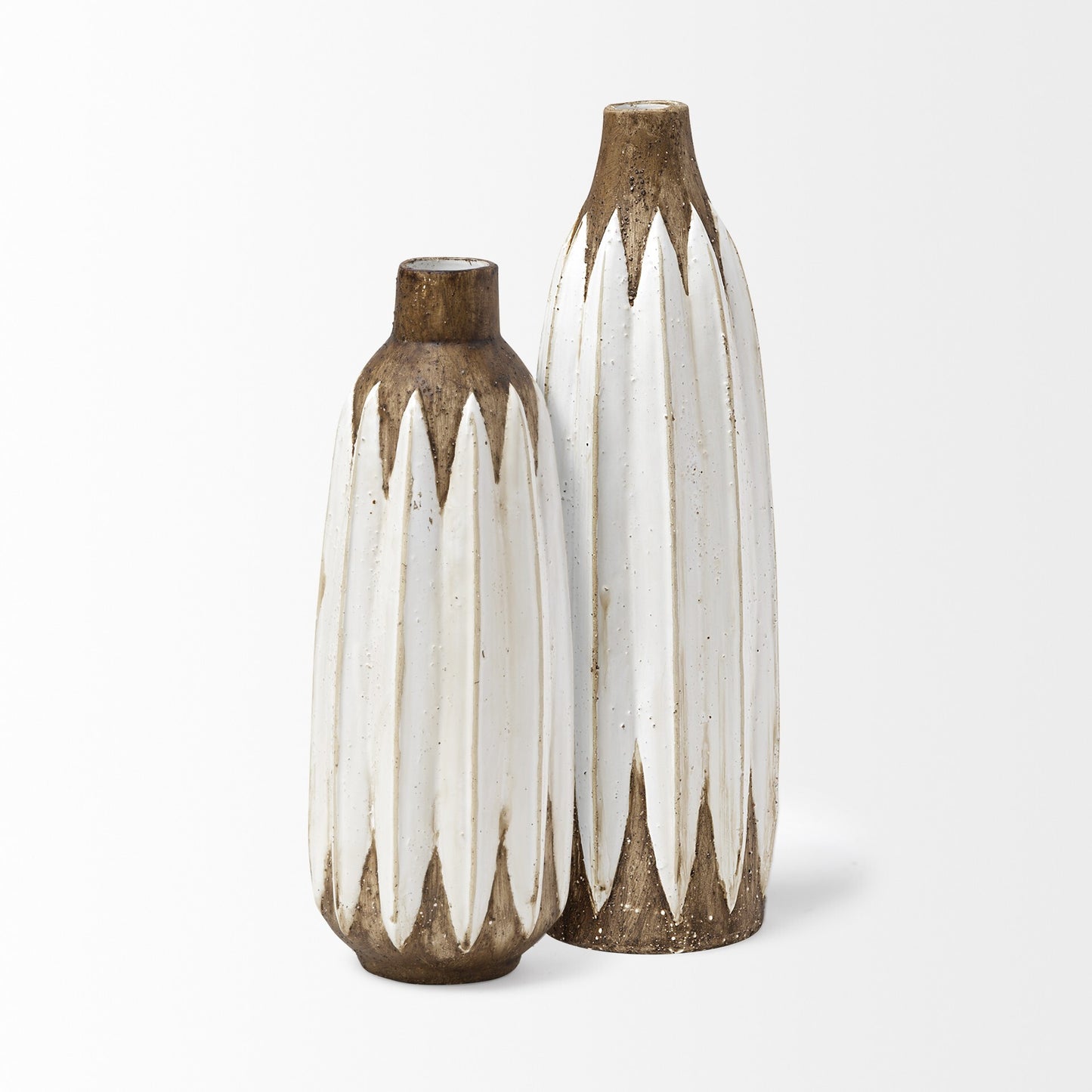 Detail of bottle cap style top and tapered cylindrical shape on rustic 3D textured ceramic vase for country home decor