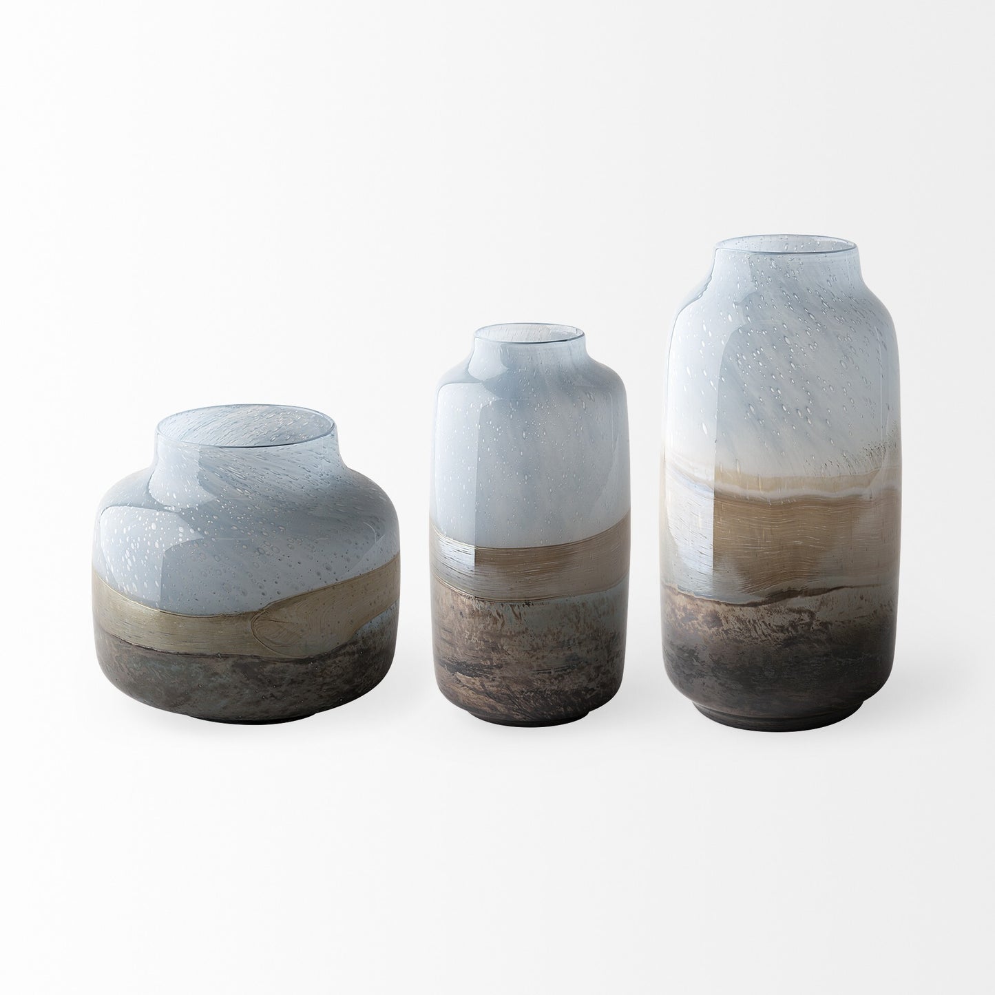Blue brown bubble glass vase rounded square side view displaying coastal beach house aesthetic