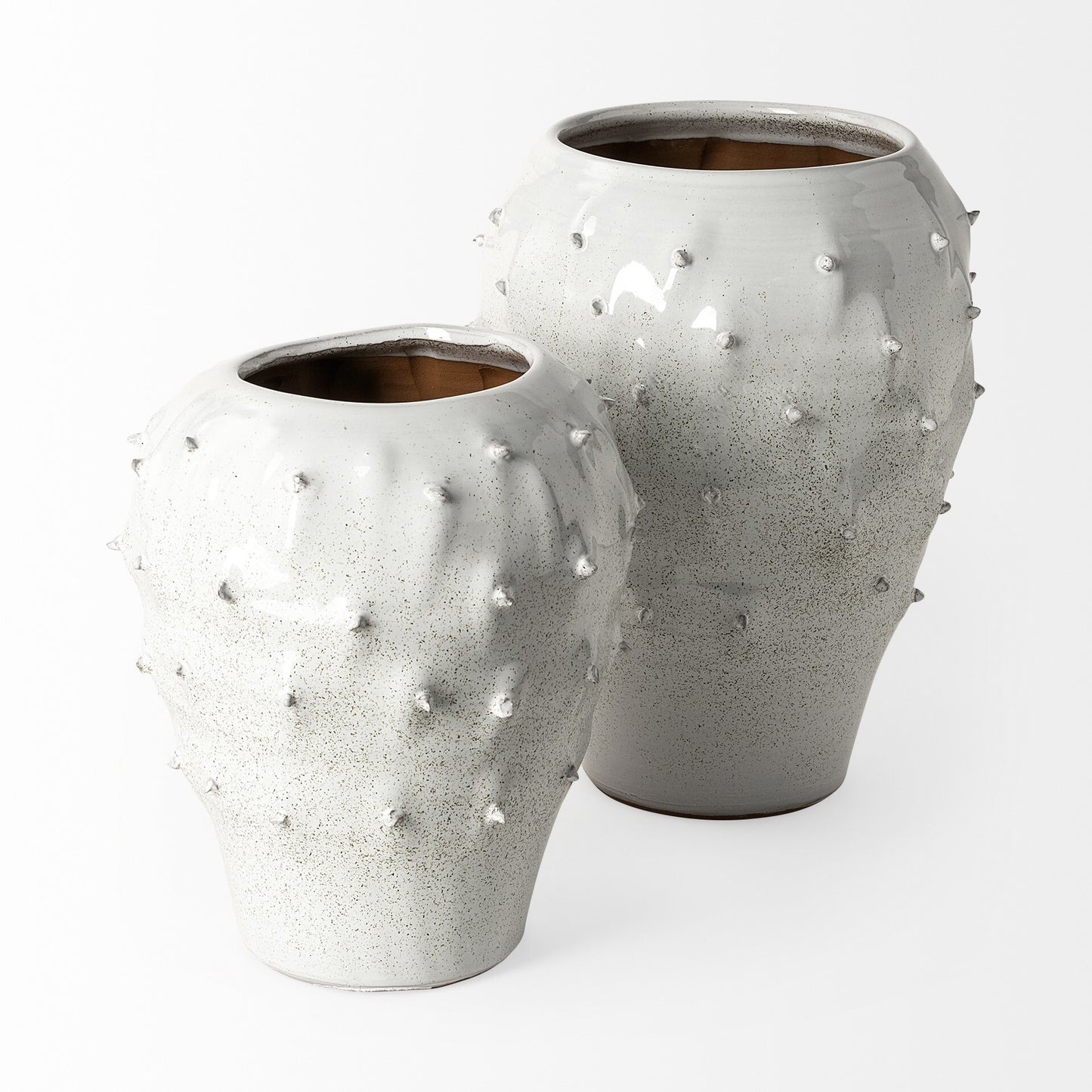 14 inch large mouth vase white ceramic detail shot highlighting dramatic spike texture and artisan craftsmanship