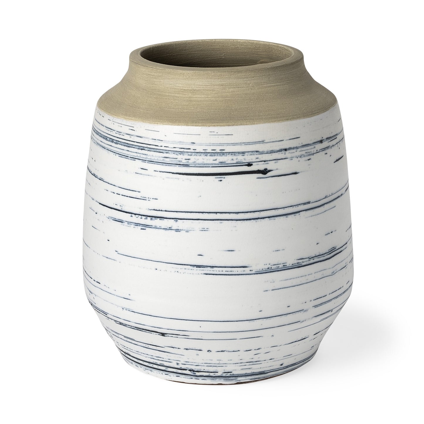 Close-up of coastal ceramic vase showing sand tone glaze thin blue stripes and casually elegant rustic appearance